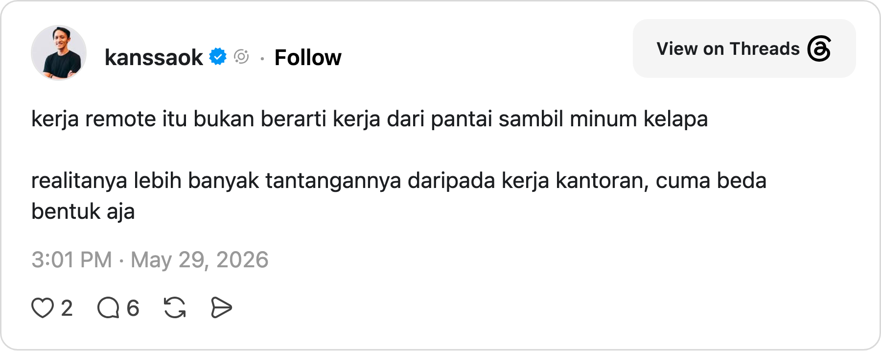 Post Threads @kanssaok: kerja remote itu bukan berarti kerja dari pantai sambil minum kelapa
